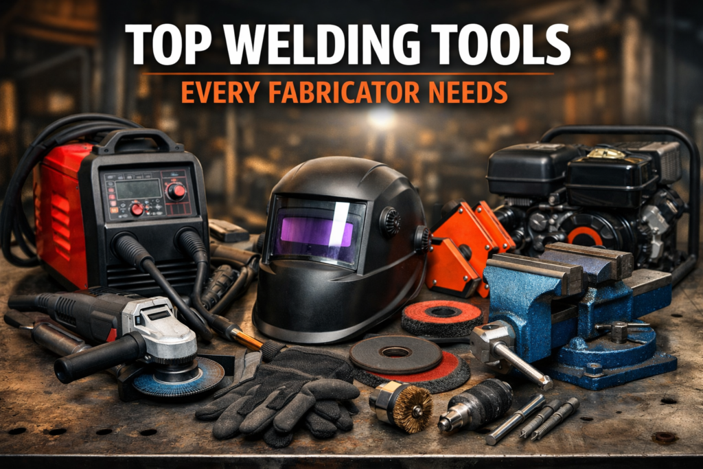 Assorted welding and fabrication tools arranged on a workbench including welder, helmet, grinder, bandsaw, generator, and accessories