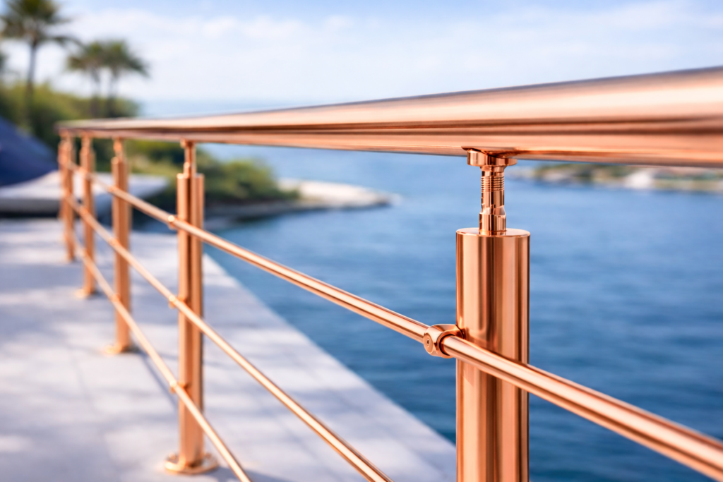 Rose gold stainless steel railing system overlooking calm blue water with tropical background.