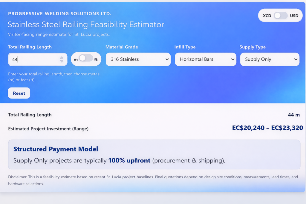 Screenshot of stainless steel railing feasibility estimator showing project length, material selection, and estimated cost range in St Lucia.