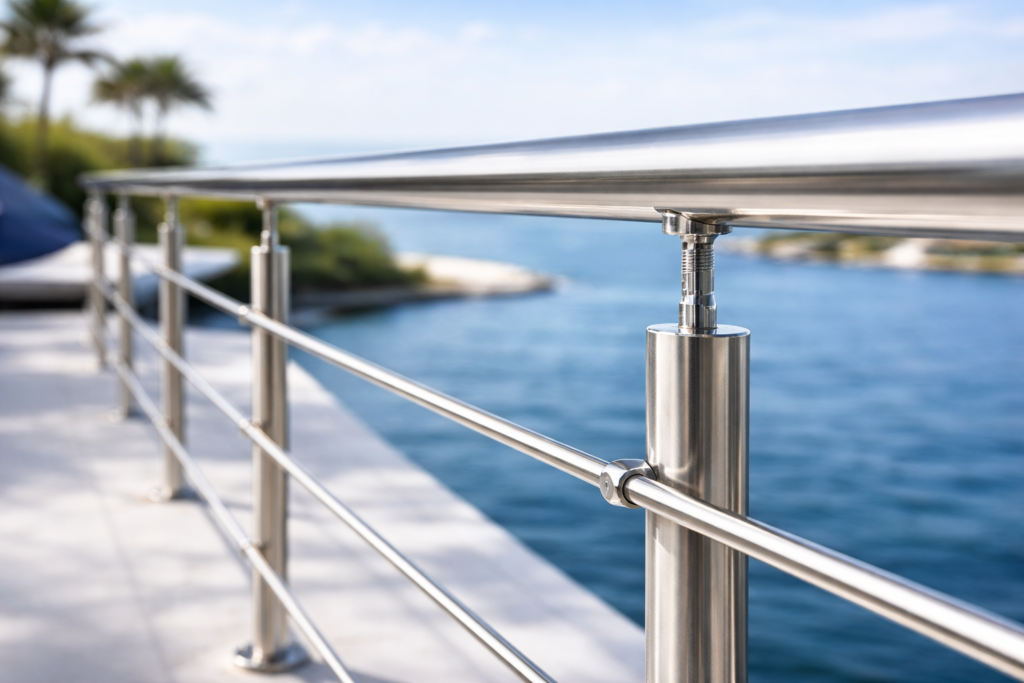 Modern stainless steel railing in a coastal seting