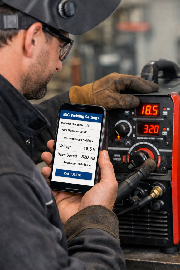 Expert fabricator using fabrication engineering app to calibrate welder