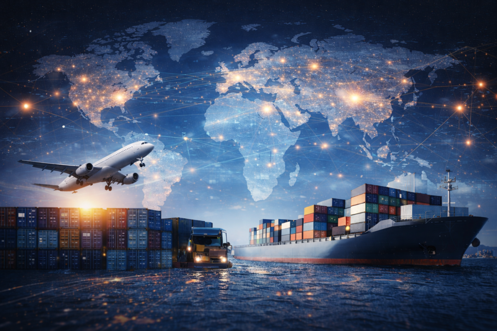 Global Sourcing & Supply Solutions Global sourcing and supply chain logistics showing cargo ship, airplane, containers, and connected world map
