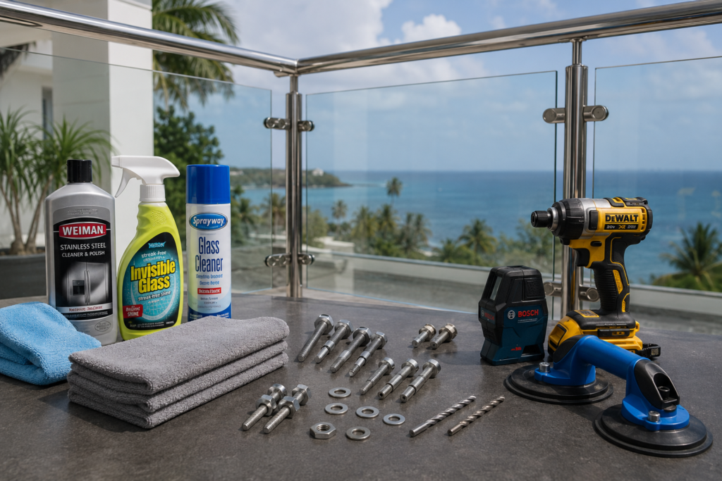 Cleaning products and maintenance tools beside modern stainless steel and glass railings overlooking the ocean