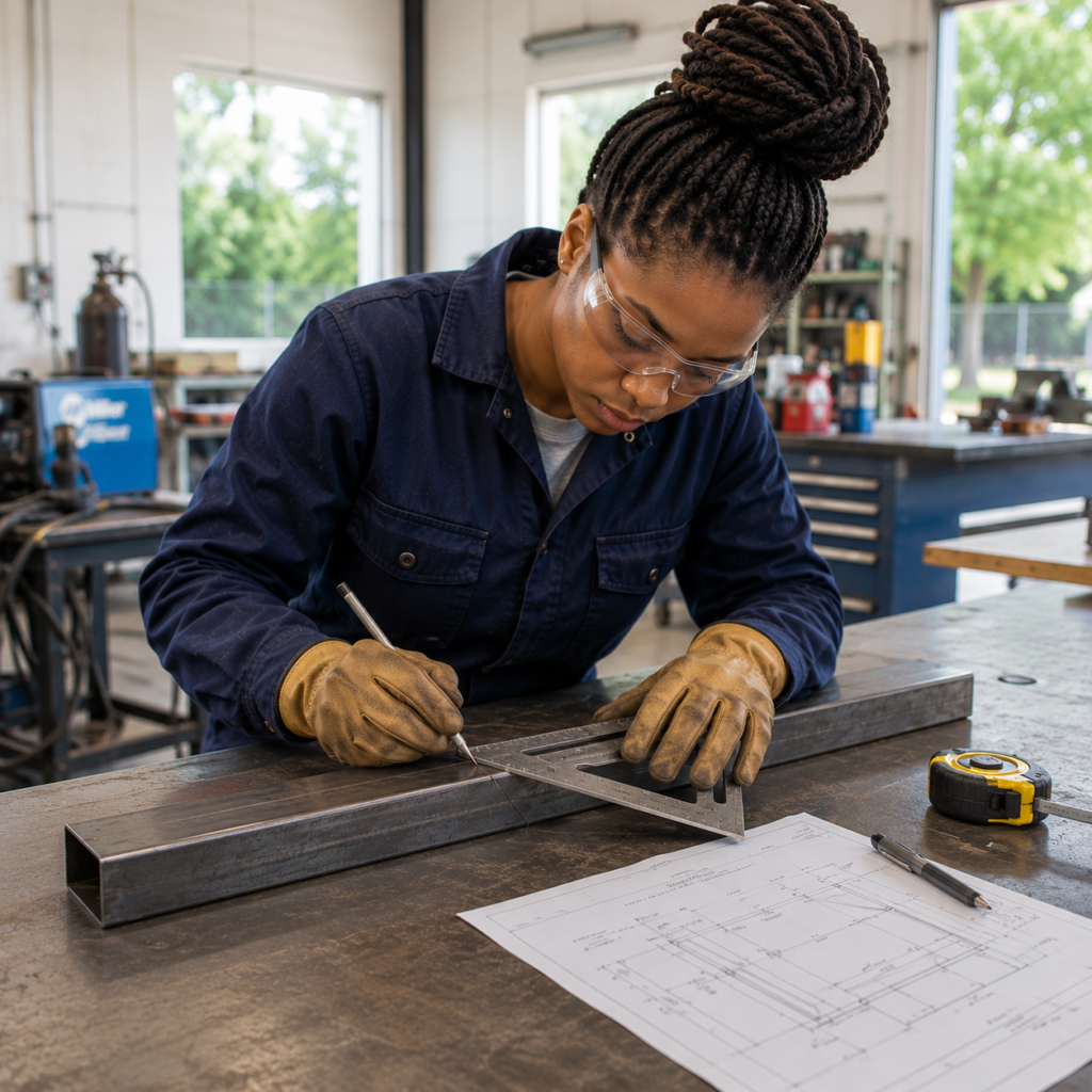Young Black female fabricator using a speed square and scribe to mark out steel tubing on a fabrication table inside a bright industrial workshop.