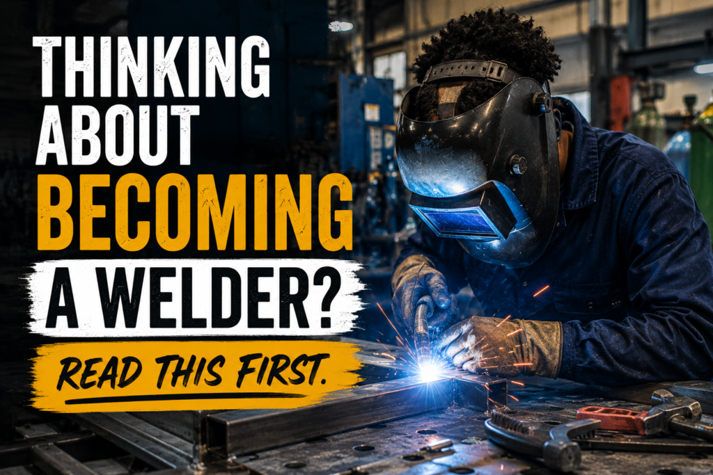 Professional welder working inside an industrial fabrication shop while welding steel tubing for a beginner welding industry guide.