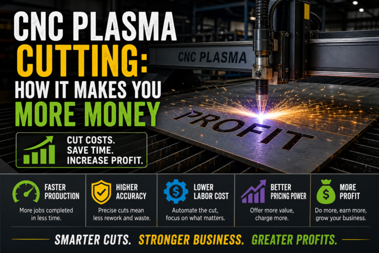 CNC plasma cutting machine cutting steel plate with sparks, highlighting speed, precision, and increased fabrication profit