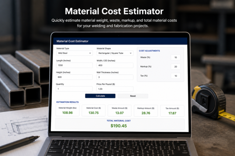 Material Cost Estimator displayed on a laptop in a metal fabrication workshop with steel tubing, measuring tape, and fabrication drawings on a workbench.