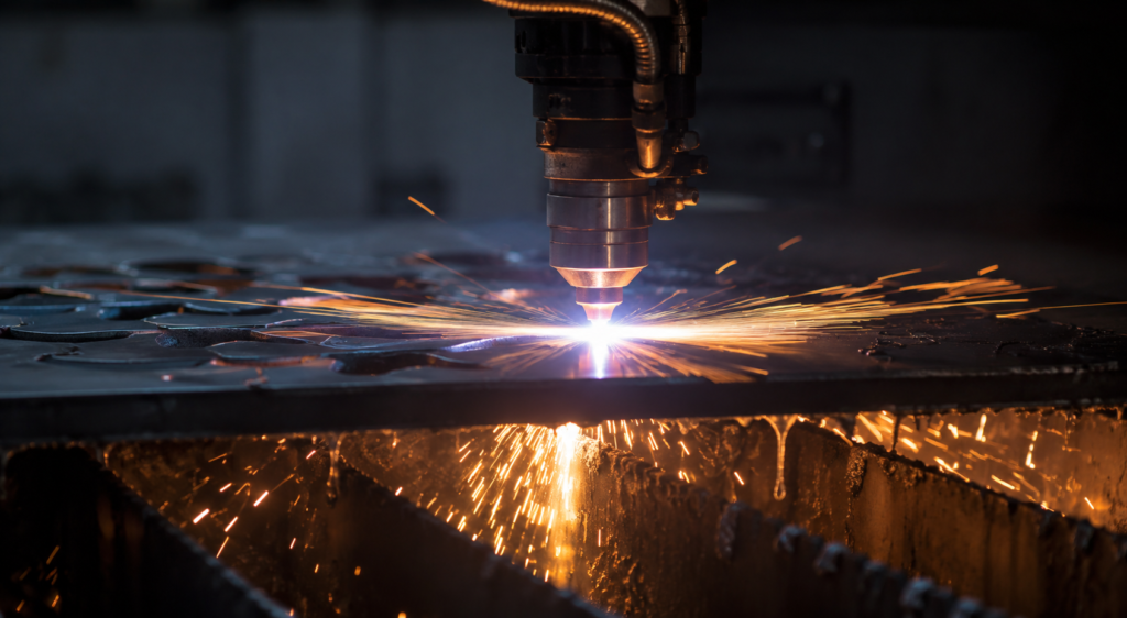 Close-up of a CNC plasma cutter cutting a steel plate with bright sparks flying during industrial metal fabrication.