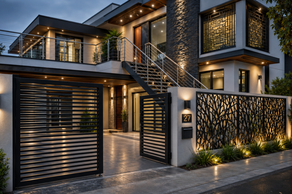Modern luxury home featuring custom architectural metal systems including steel gates, decorative wall panels, stainless steel railings, exterior metal staircase, and modern window grills.
