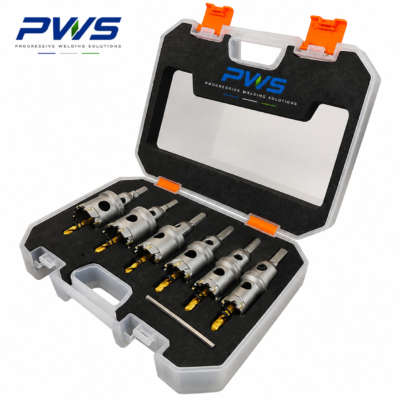 PWS 6-piece TCT hole saw set with pilot drill bits in protective storage case, sizes 16mm to 32mm.