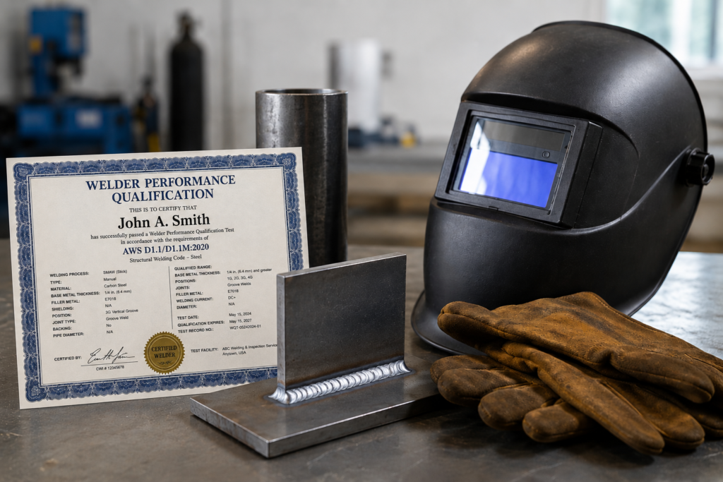 Professional welding workshop featuring a welder performance qualification certificate alongside a welding helmet, leather gloves, and a welded test coupon on a steel workbench.