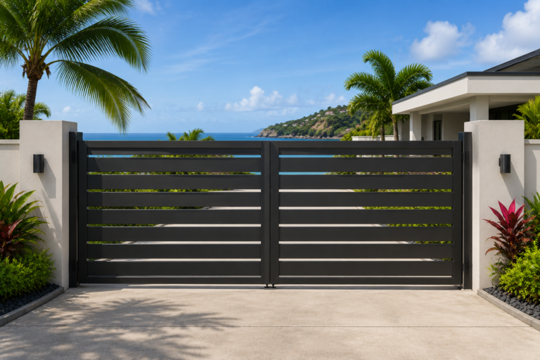 Modern black engineered steel double swing gate with horizontal slats installed at a contemporary Caribbean home overlooking the coast.