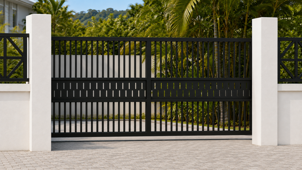 PWS V1 modern 20-foot black steel sliding gate with CNC-cut center panel