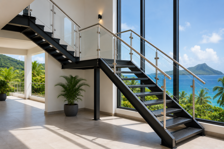 Modern custom steel dog-leg staircase featuring RHS steel stringers, stainless steel railings, and checker plate treads in a contemporary Caribbean home in Saint Lucia.