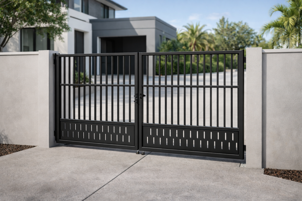 Modern black engineered steel double swing gate featuring vertical pickets with CNC slotted lower panels, designed for Caribbean homes and installed at a contemporary tropical residence.