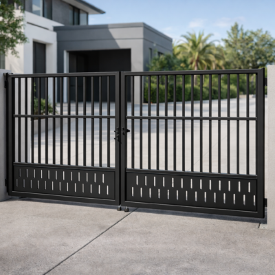 Modern black engineered steel double swing gate featuring vertical pickets with CNC slotted lower panels, designed for Caribbean homes and installed at a contemporary tropical residence.