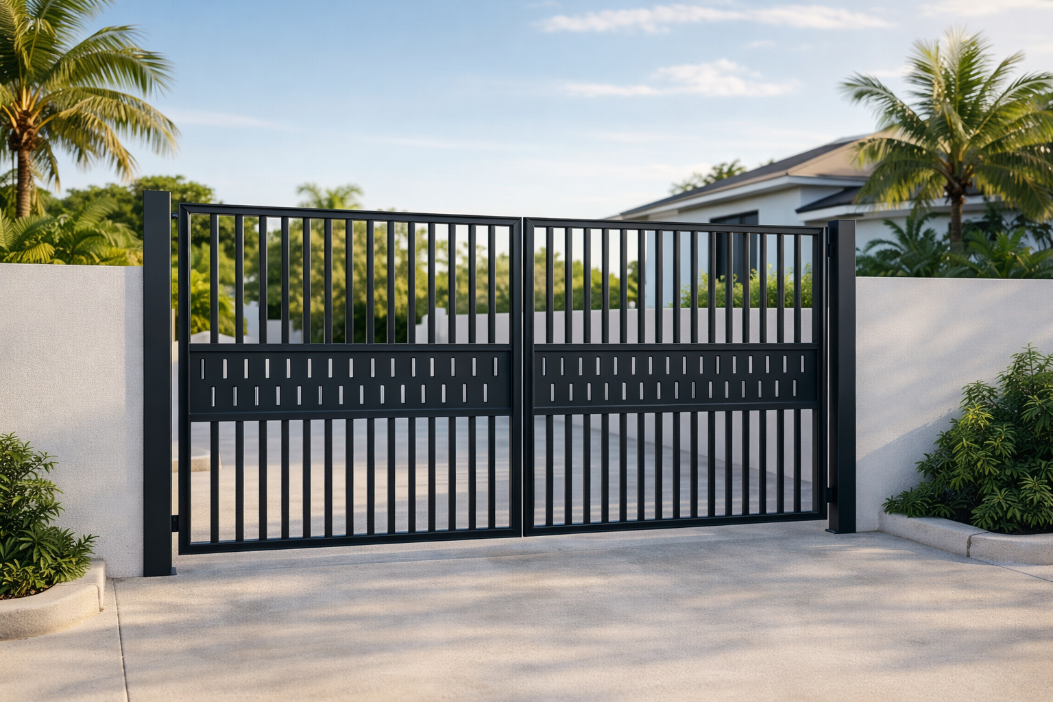 Modern black engineered steel double swing gate with vertical pickets and CNC-cut lower panels installed at a contemporary Caribbean residence.