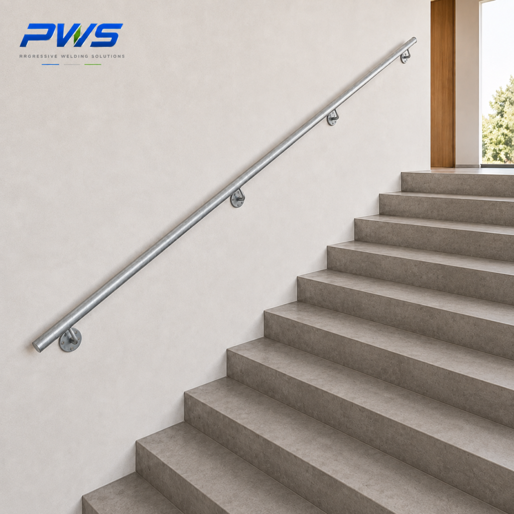 Custom galvanized steel stair grab rail with four wall-mounting brackets fabricated by PWS