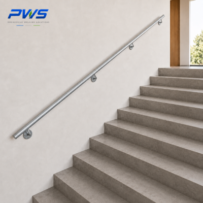 Custom galvanized steel stair grab rail with four wall-mounting brackets fabricated by PWS