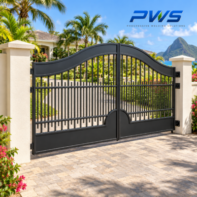 PWS Black Bay custom steel double swing driveway gate installed in Saint Lucia