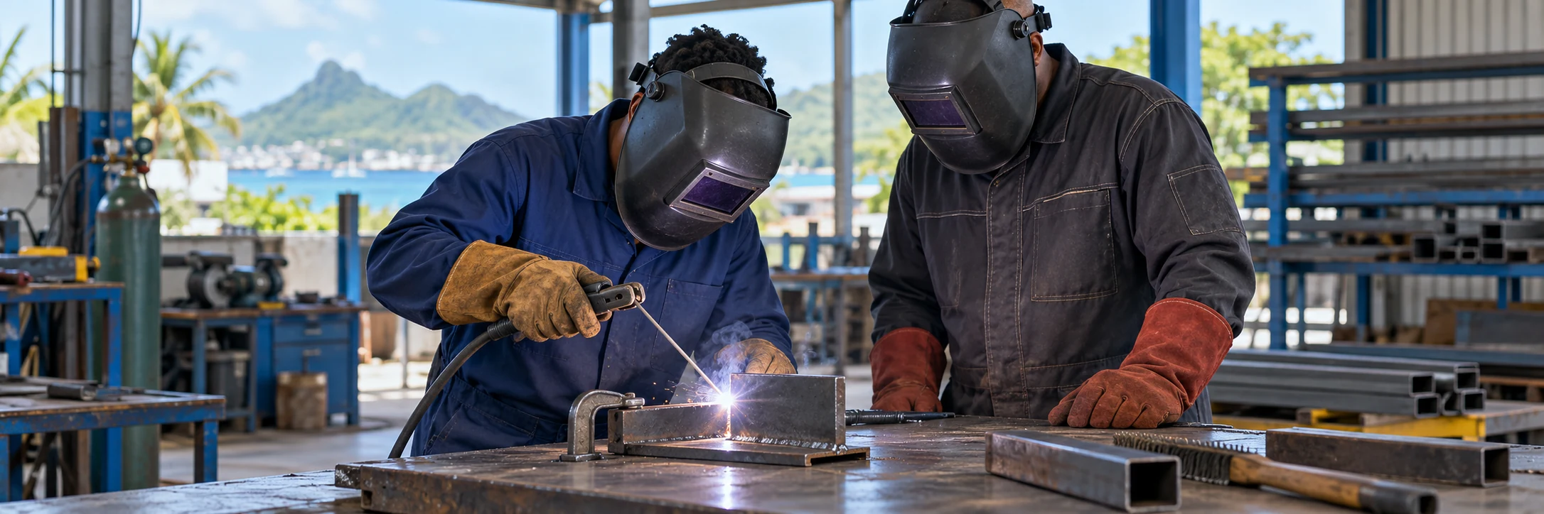 Trainee practising stick welding under instructor supervision in a Caribbean fabrication workshop