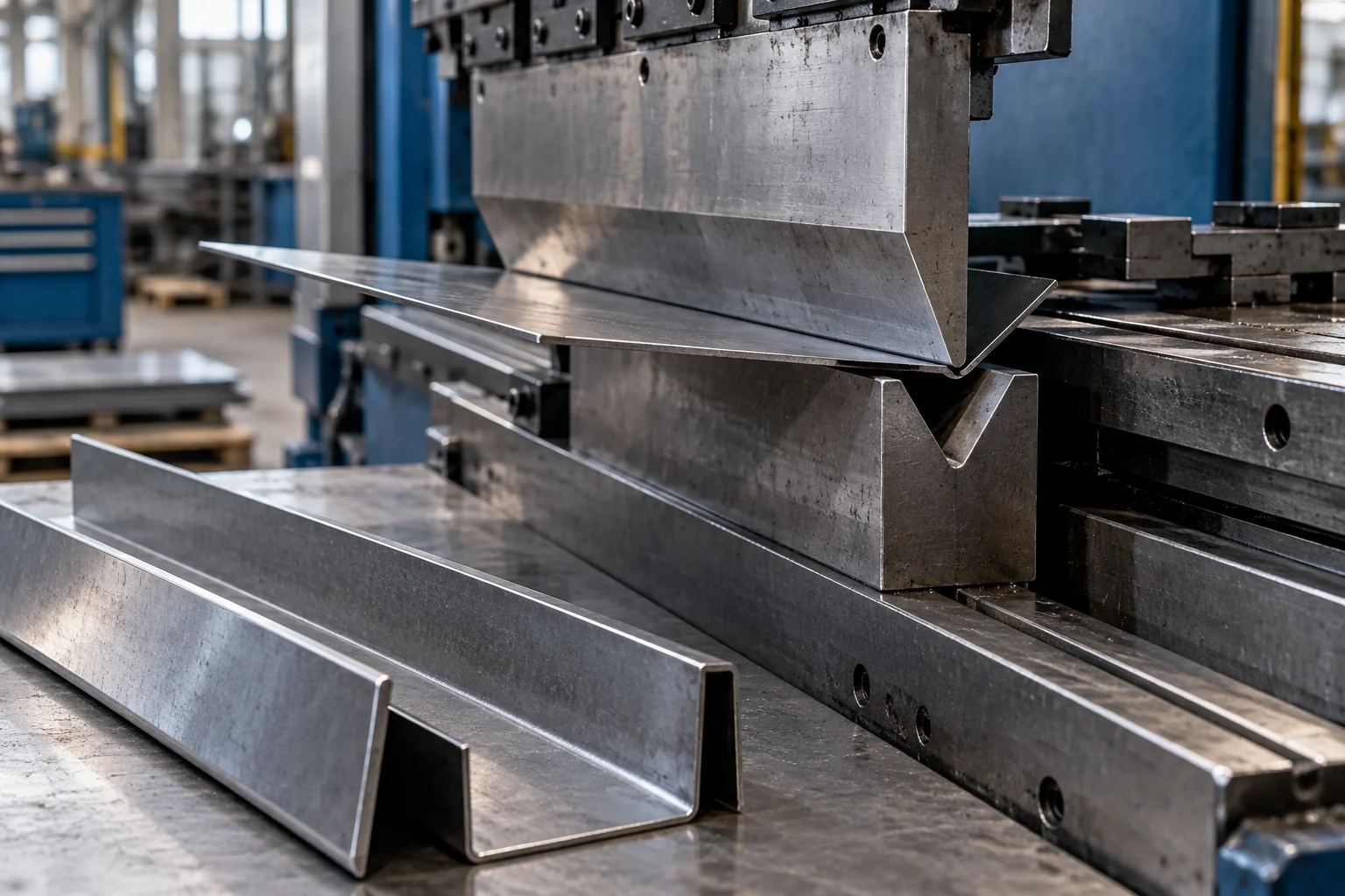 Press brake forming sheet steel with finished folded channels