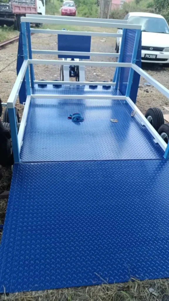 Refinished platform with blue deck and contrasting rails