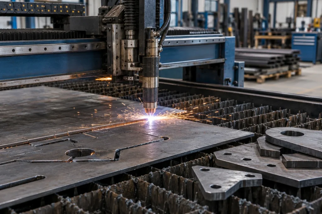 CNC plasma torch cutting steel profiles on a slatted table