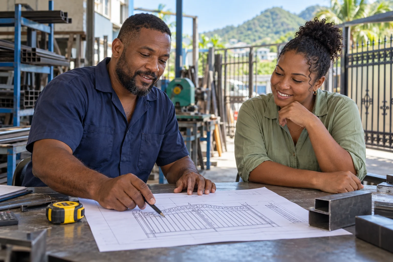Illustration of a fabricator and homeowner reviewing a gate drawing in a Caribbean workshop