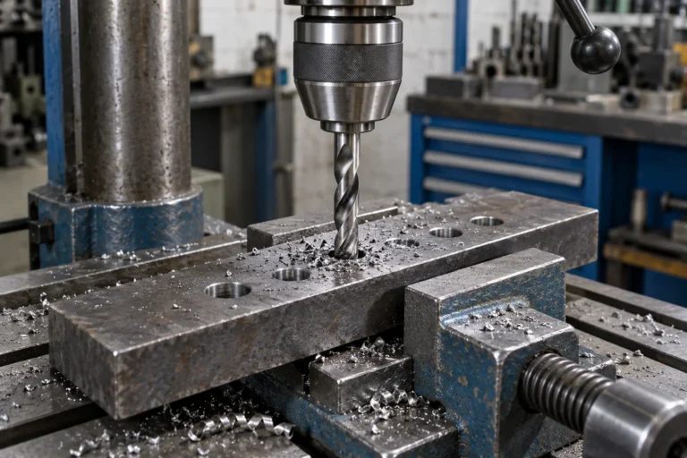 Pillar drill making holes in a steel bar held in a machine vise