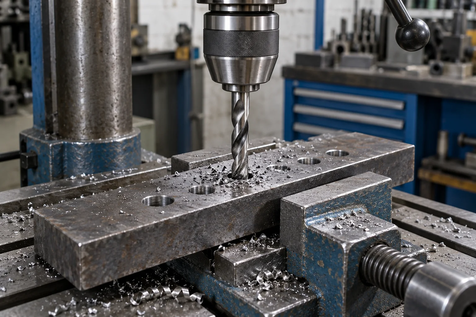 Pillar drill making holes in a steel bar held in a machine vise