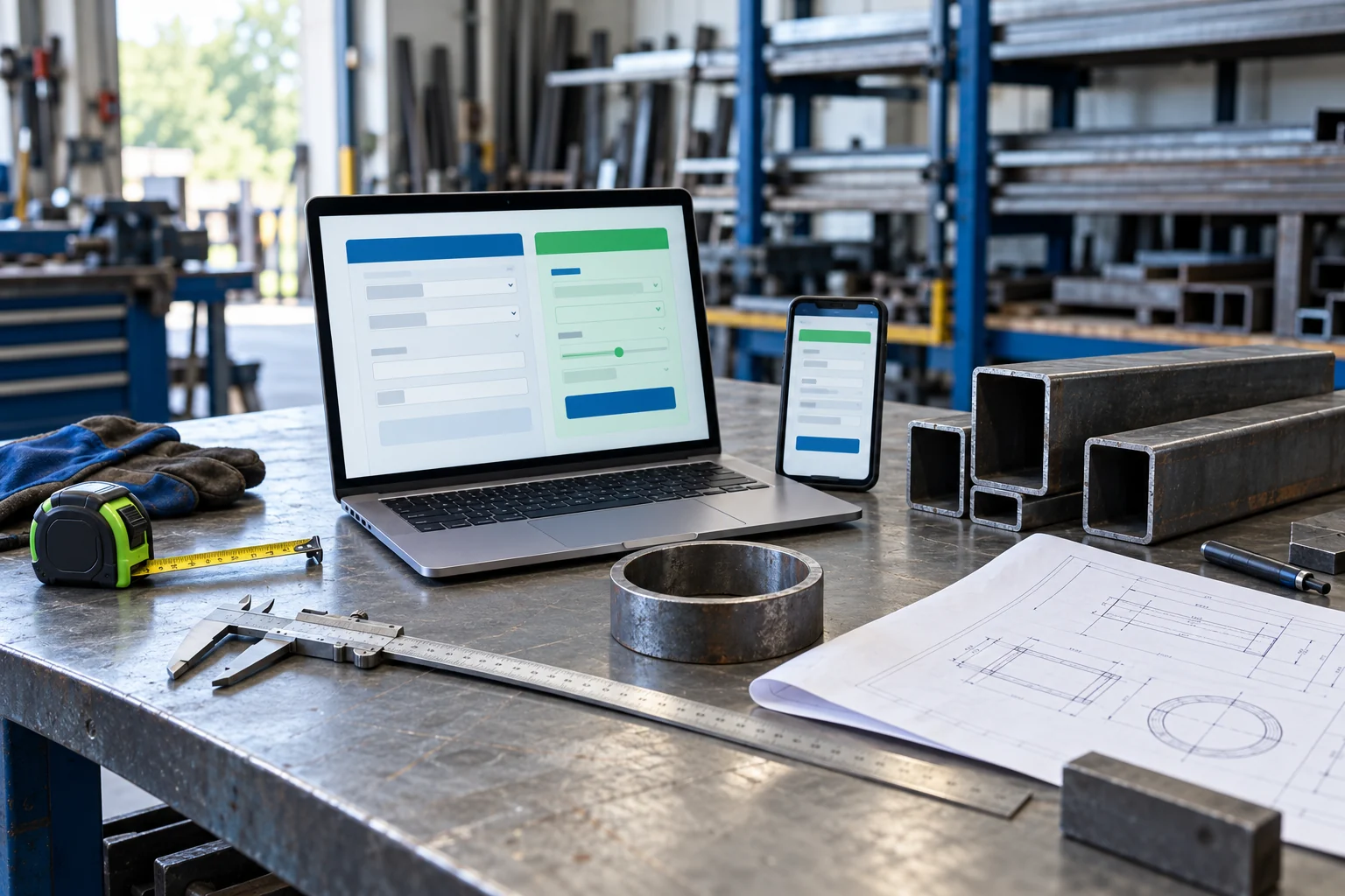 Illustration of digital fabrication calculators beside a steel ring, measuring tools and material samples