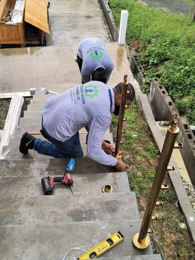 Railing installation work on an exterior stair