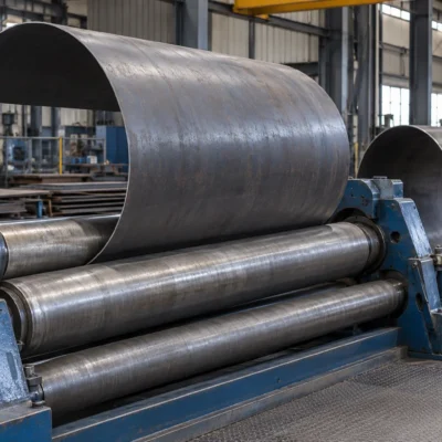 Plate rolling machine forming sheet steel into a cylinder