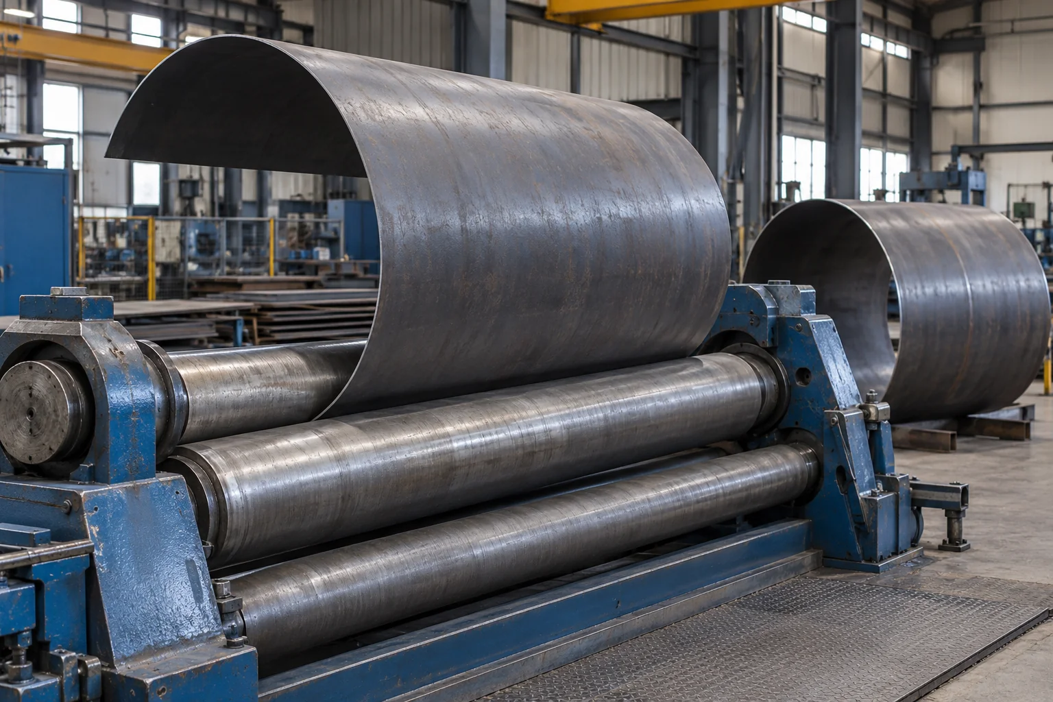 Plate rolling machine forming sheet steel into a cylinder