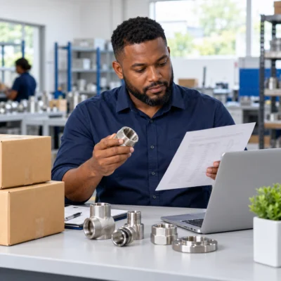 Illustration of a sourcing specialist comparing a metal fitting with specifications beside packaged supplies