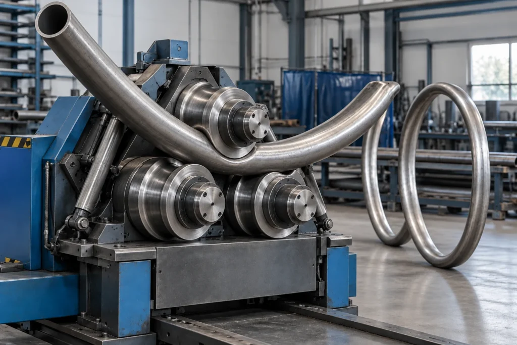 Round steel pipe rolling through matching grooved dies beside tubular rings