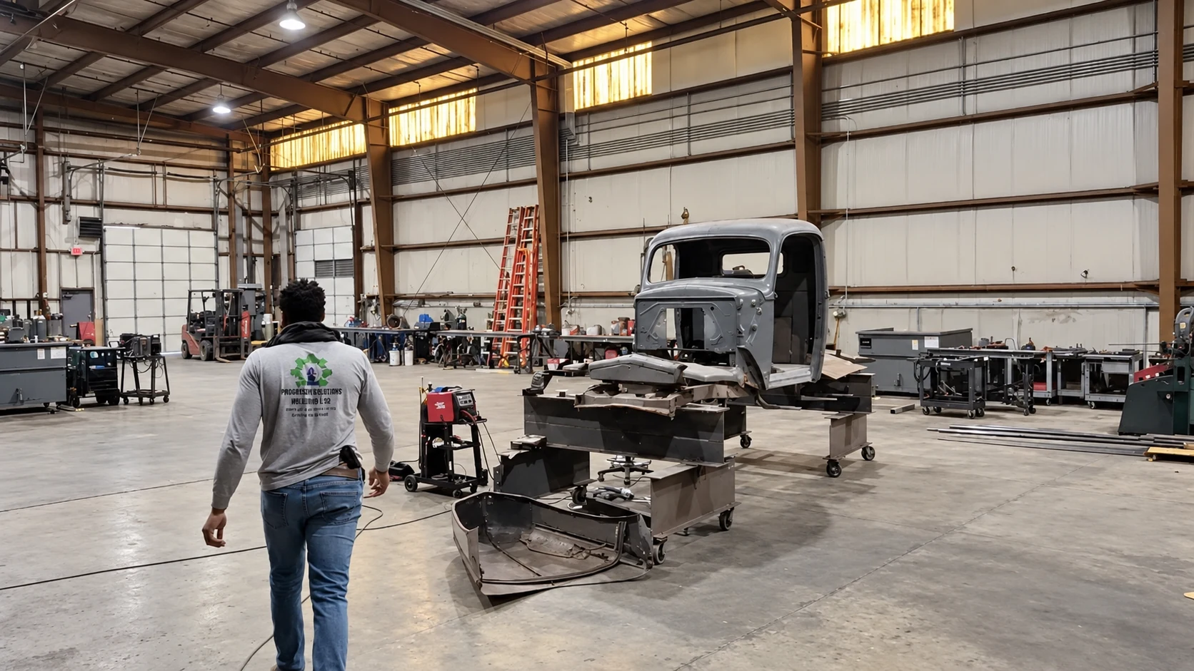 PWS fabricator in a metalworking workshop beside a truck restoration project